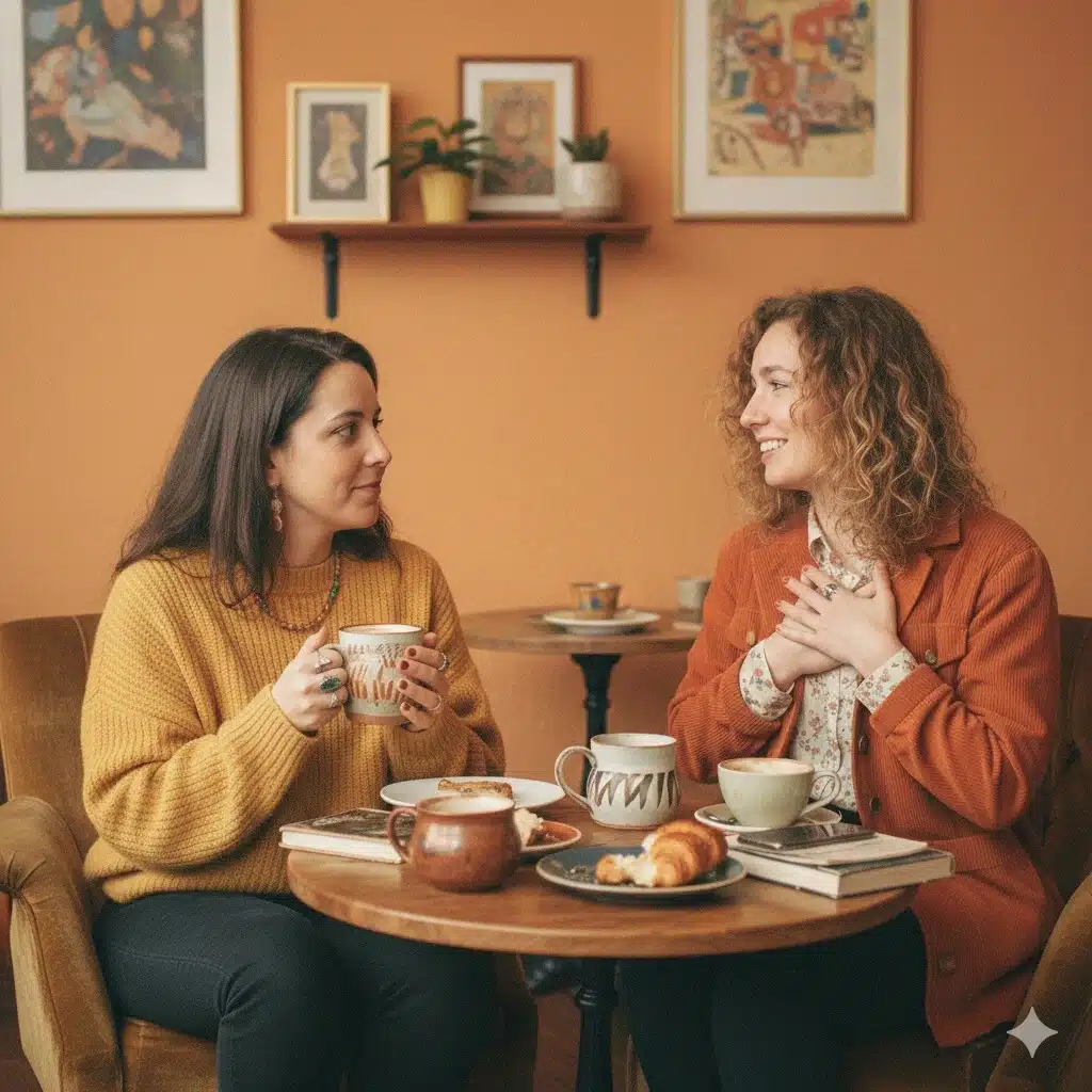 Deux amies trentenaires discutant avec empathie dans un café chaleureux, l'une écoutant attentivement l'autre.