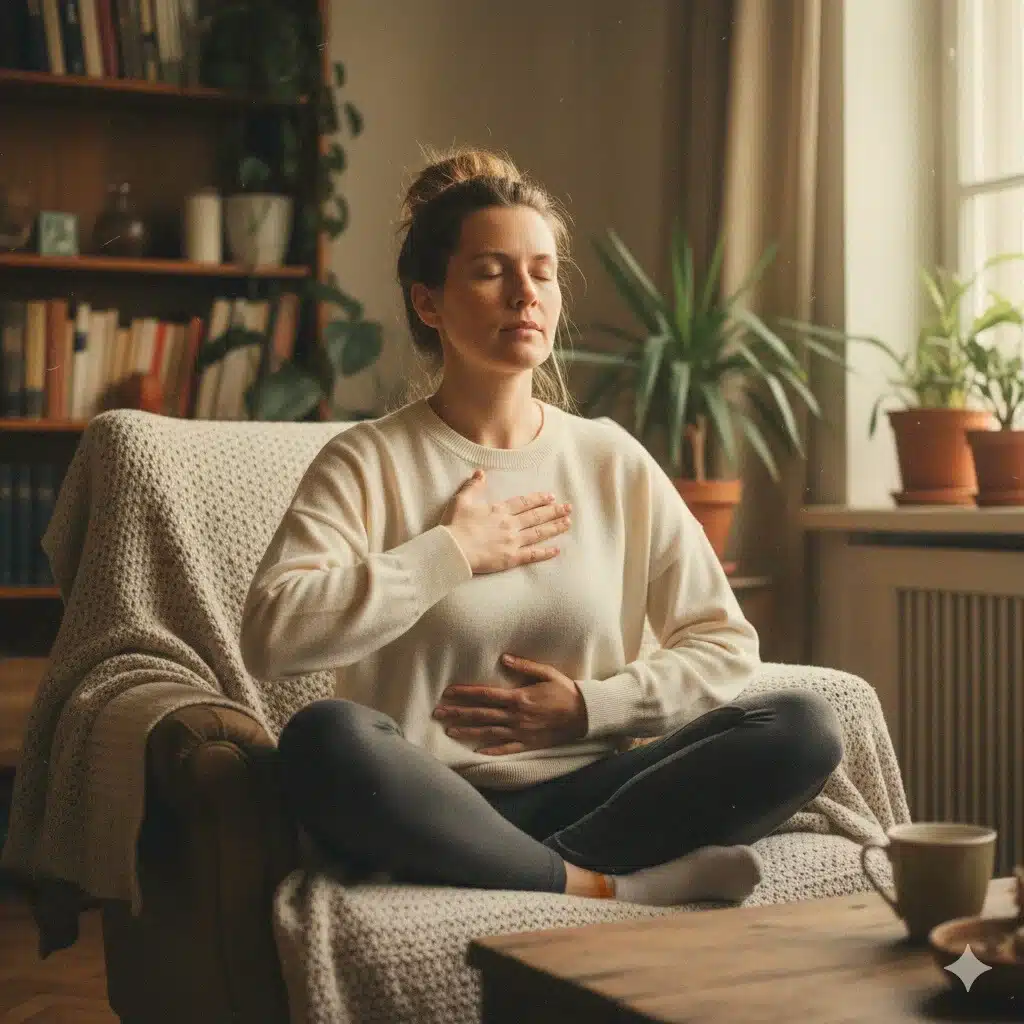 Femme trentenaire pratiquant un exercice de respiration apaisant dans son salon, les mains sur la poitrine et le ventre.