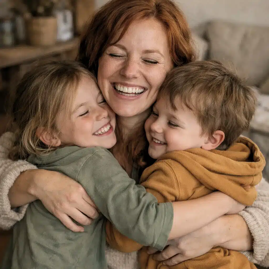 Une maman souriante serrant ses deux jeunes enfants dans ses bras, moment de complicité et de sécurité émotionnelle.